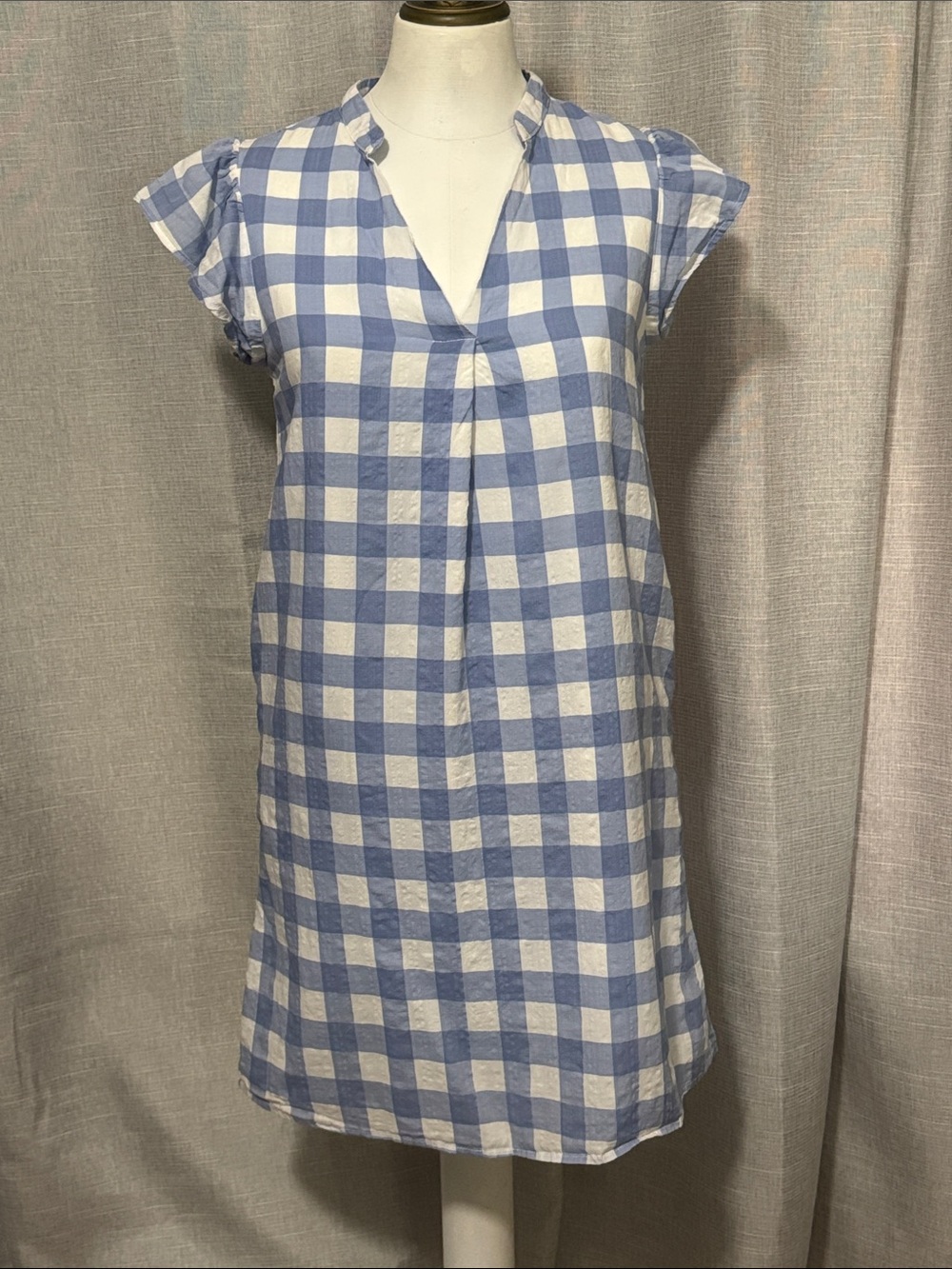 Like New-THML Dresz-Blue & White Gingham Check-Cotton/Rayon Blend-S-Lined-V Neck